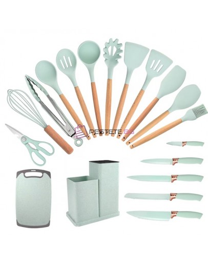 Комплект кухненски прибори от 33 части със стойка, силикон за храна и дърво